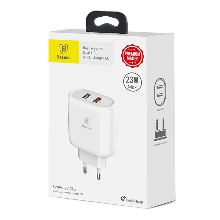 BASEUS Bojure Series QC3.0 Dual USB Travel Wall Charger for iPhone Samsung - EU Plug / White