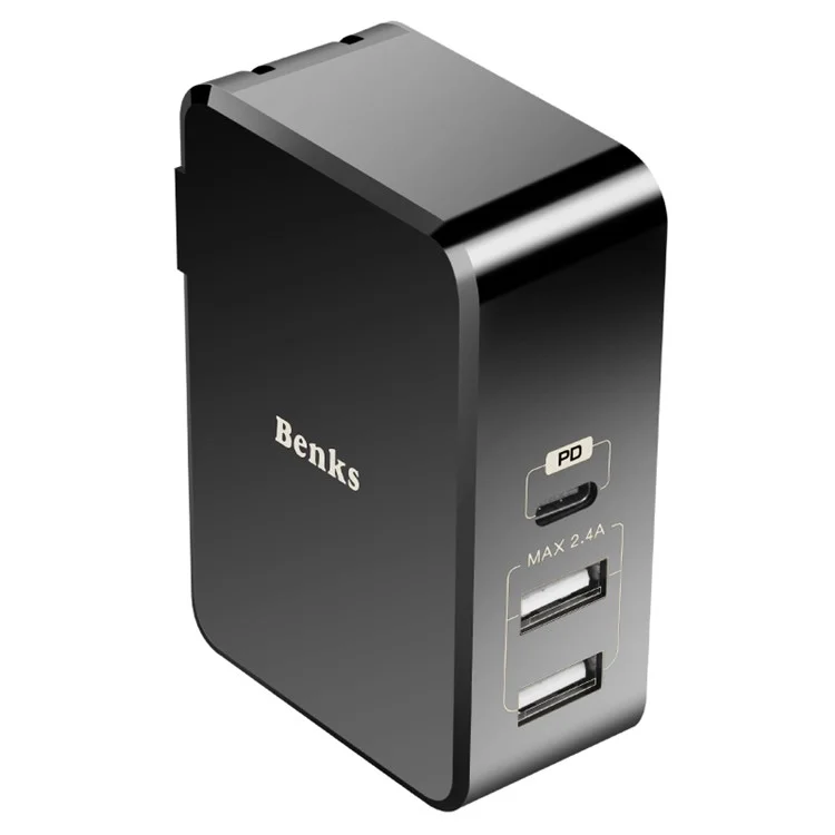 BENKS TC-063 5V/2.4A Dual USB + Type-C PD Quick Charge Power Charger for MacBook Pro etc. - Black / US Plug