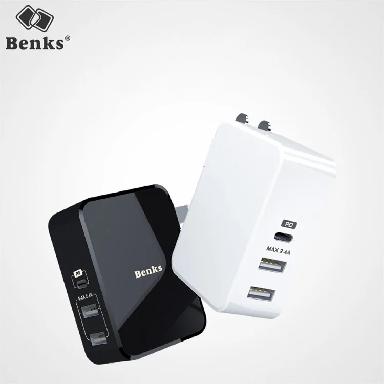 BENKS TC-063 5V/2.4A Dual USB + Type-C PD Quick Charge Power Charger for MacBook Pro etc. - Black / US Plug