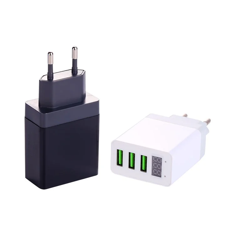 XBX06 5V/2.4A 3 USB Ports Travel Charger with LED Display for iPhone Samsung HTC Etc. - EU Plug / Black