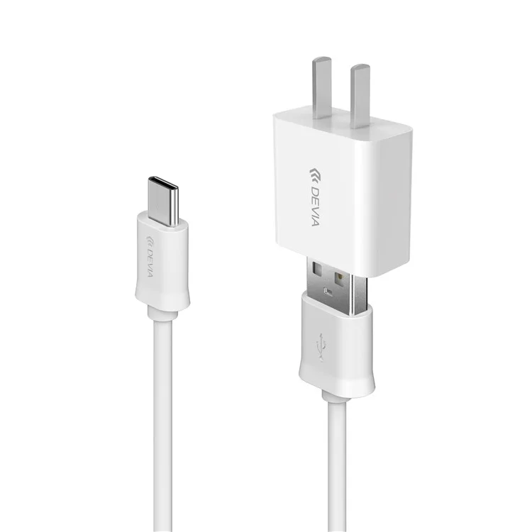 DEVIA USB Travel Charger + Type-C Data Transfer Charging Cable for Huawei Xiaomi etc