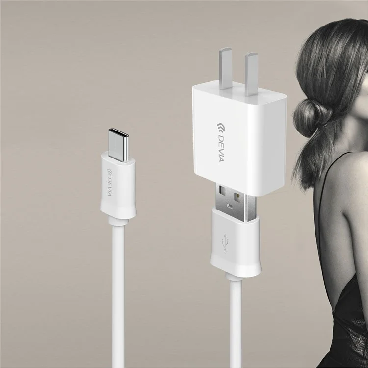 DEVIA USB Travel Charger + Type-C Data Transfer Charging Cable for Huawei Xiaomi etc