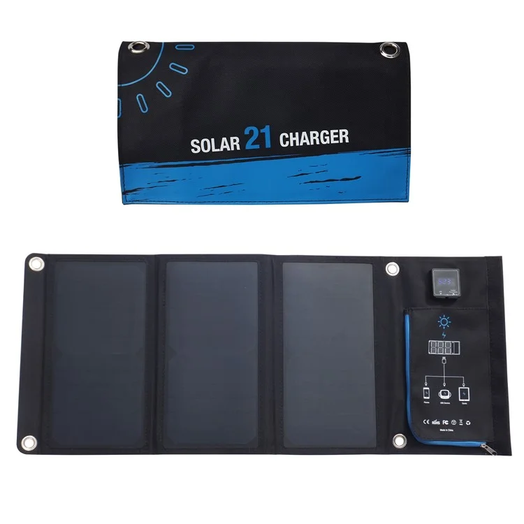 21W Solar Power Foldable Portable Waterproof Solar Charger with Dual USB Ports - Blue