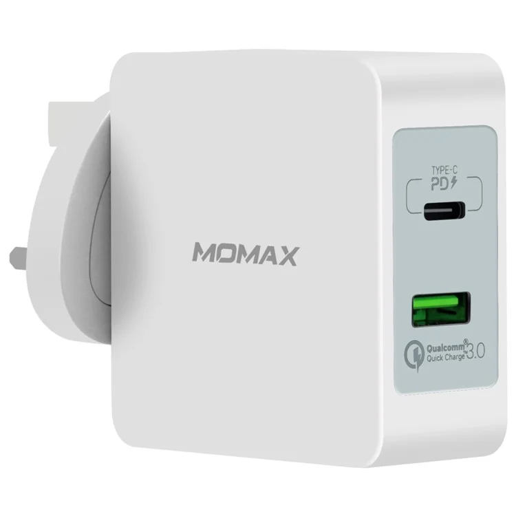 MOMAX Portable 48W PD Type-C + Quick Charge 3.0 USB Port Travel Wall Charger - UK Plug / White