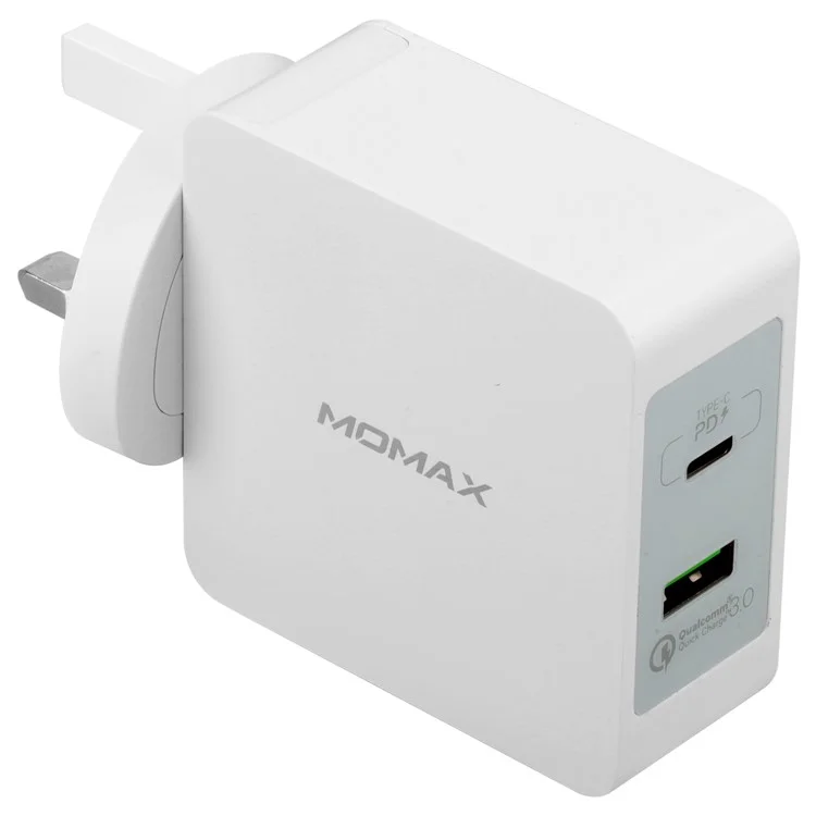 MOMAX Portable 48W PD Type-C + Quick Charge 3.0 USB Port Travel Wall Charger - UK Plug / White