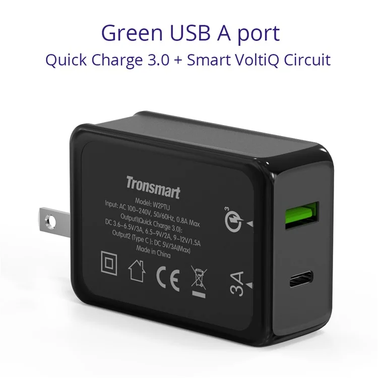 TRONSMART W2PTU 33W Travel Wall Charger with Quick Charge 3.0 + Type-C Ports - US Plug / Black