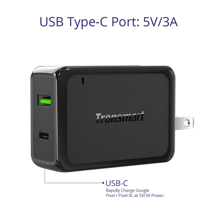 TRONSMART W2PTU 33W Travel Wall Charger with Quick Charge 3.0 + Type-C Ports - US Plug / Black