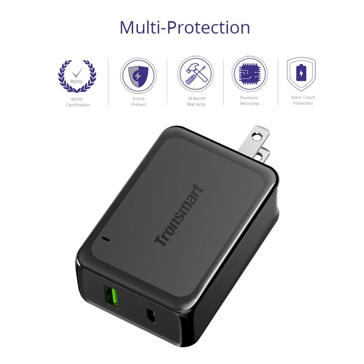 TRONSMART W2PTU 33W Travel Wall Charger with Quick Charge 3.0 + Type-C Ports - US Plug / Black