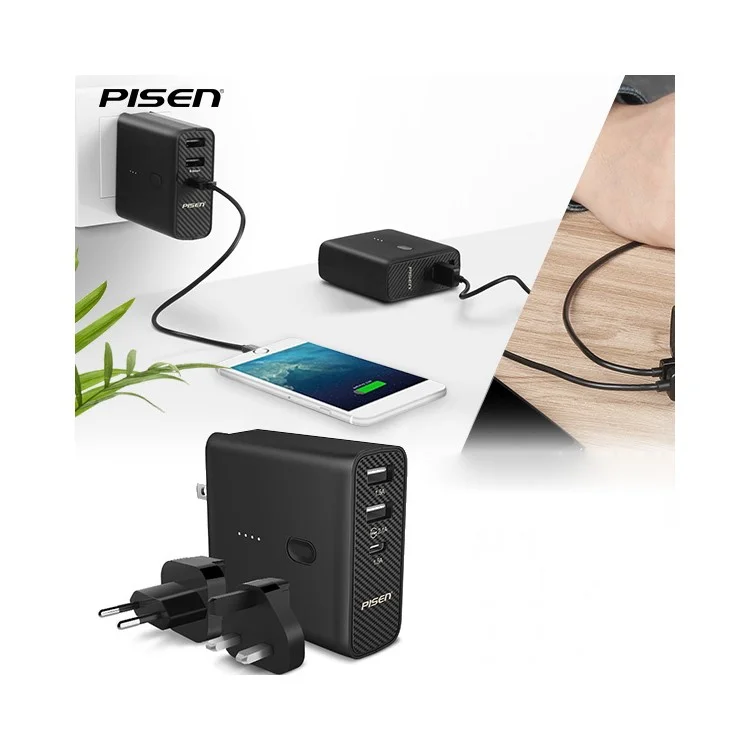 PISEN PowerCombo 2-in-1 Wall Charger + 5000mAh Power Bank with Dual USB and Type C Port - Black