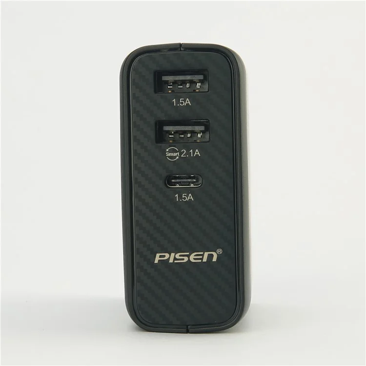 PISEN PowerCombo 2-in-1 Wall Charger + 5000mAh Power Bank with Dual USB and Type C Port - Black