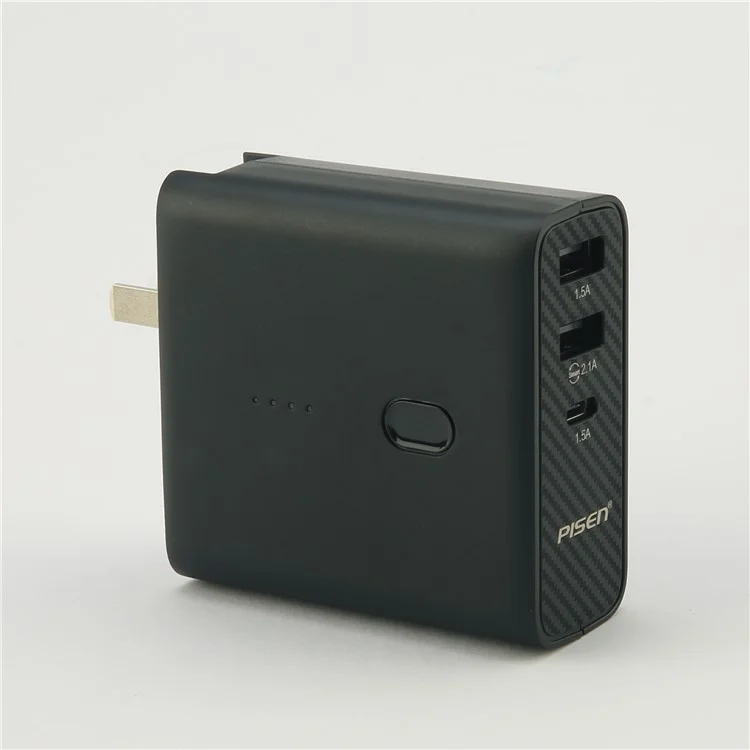 PISEN PowerCombo 2-in-1 Wall Charger + 5000mAh Power Bank with Dual USB and Type C Port - Black