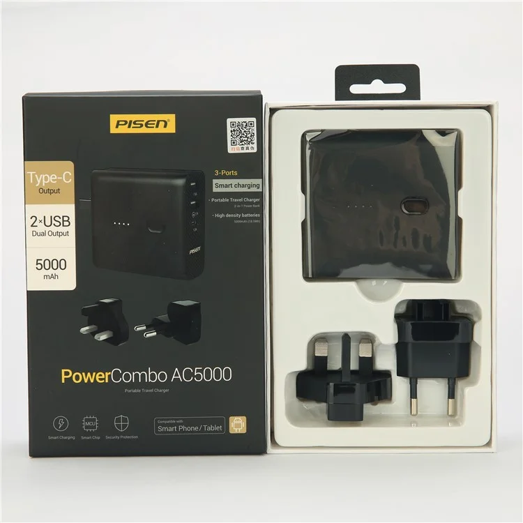 PISEN PowerCombo 2-in-1 Wall Charger + 5000mAh Power Bank with Dual USB and Type C Port - Black