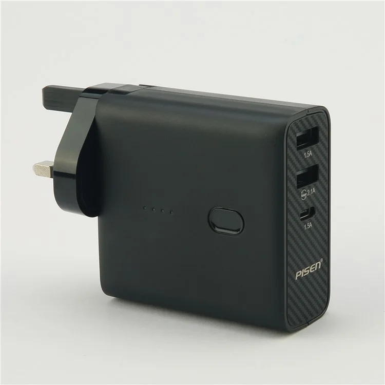 PISEN PowerCombo 2-in-1 Wall Charger + 5000mAh Power Bank with Dual USB and Type C Port - Black