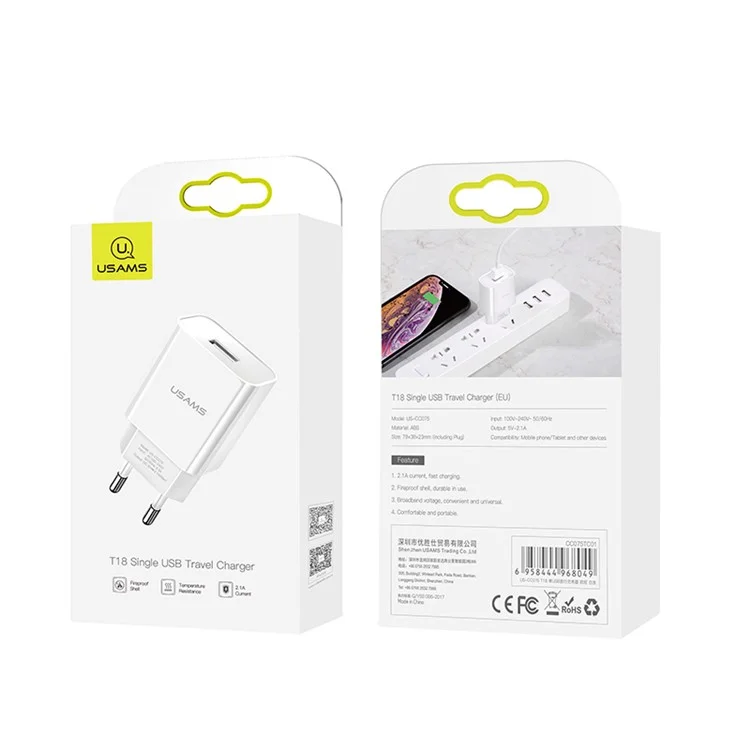 USAMS US-CC075 T18 5V 2.1A Single USB Travel Wall Time-Saving Charger for Smartphones - EU Plug