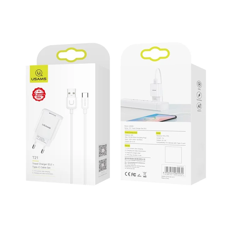 USAMS T21 2.1A High-Current Time-Saving Charging Wall Phone Charger and Type-C Cable (EU Plug)