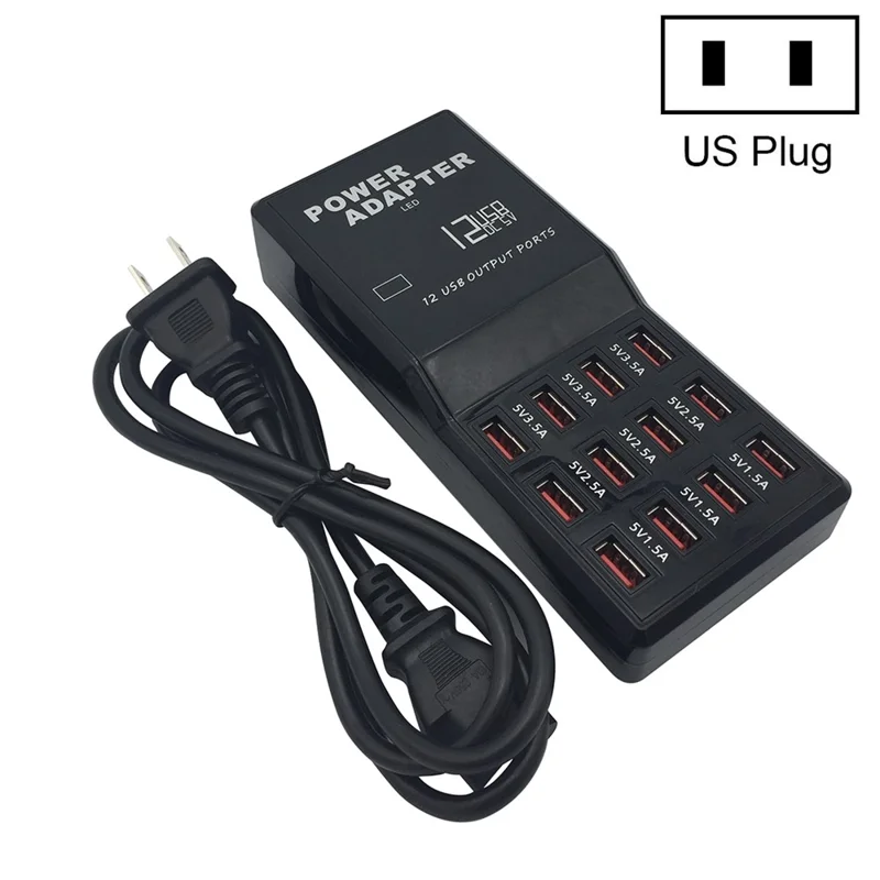 W-858 12A 12 USB Ports Wall Desktop Charger Power Adapter AC100-240V - US Plug