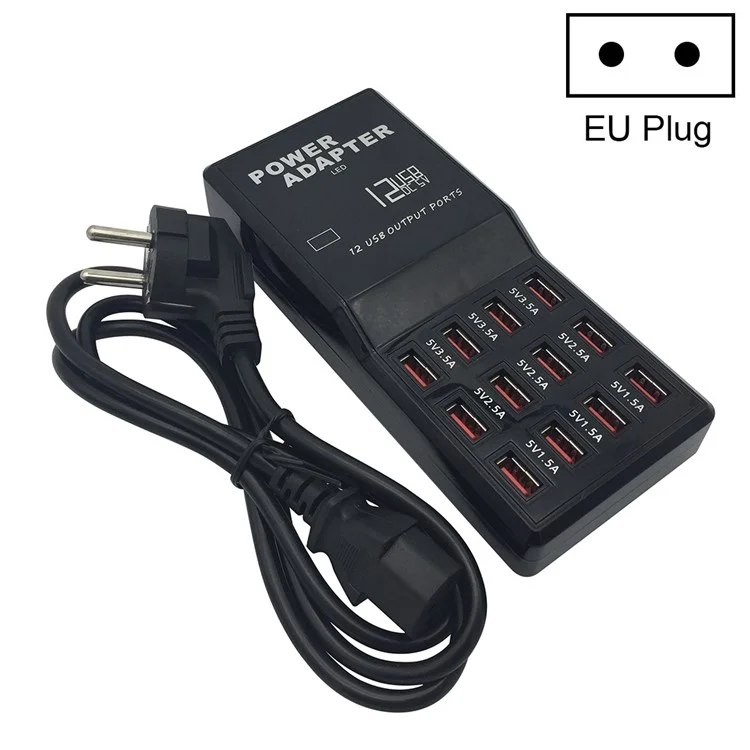 W-858 12A 12 Puertos USB Desktop de Escritorio de Escritorio Adaptador de Potencia de Cargador AC100-240V - Enchufe de la ue