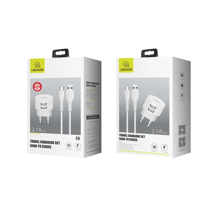 USAMS Doppio Porte USB Caricabatterie da Viaggio Rotondo + Cavo di Sincronizzazione e Ricarica Type-C per Huawei Samsung - Spina EU