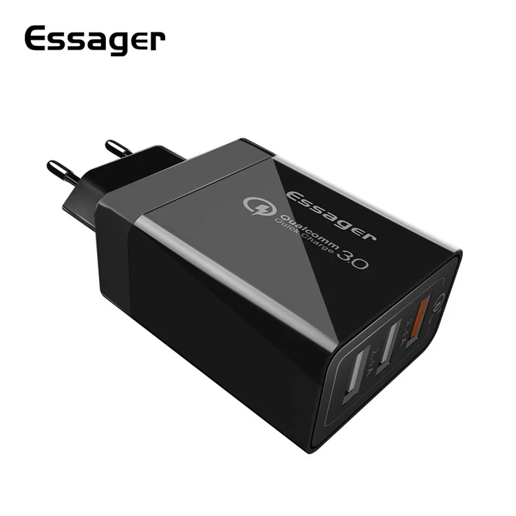 ESSAGER QC3.0 + Dual 2.4A USB 30W Travel Charger Wall Charger - Black/EU Plug