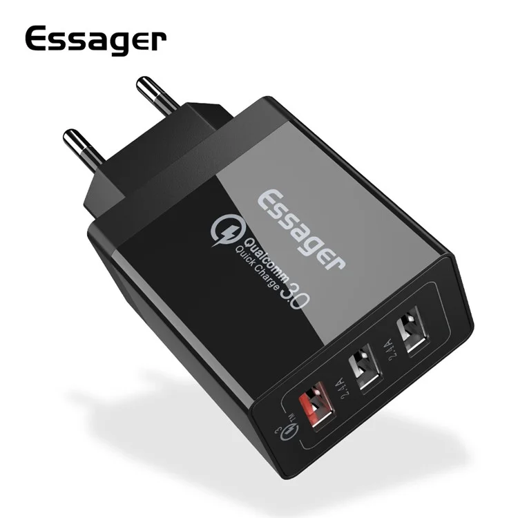 ESSAGER QC3.0 + Dual 2.4A USB 30W Travel Charger Wall Charger - Nero/Spina UE