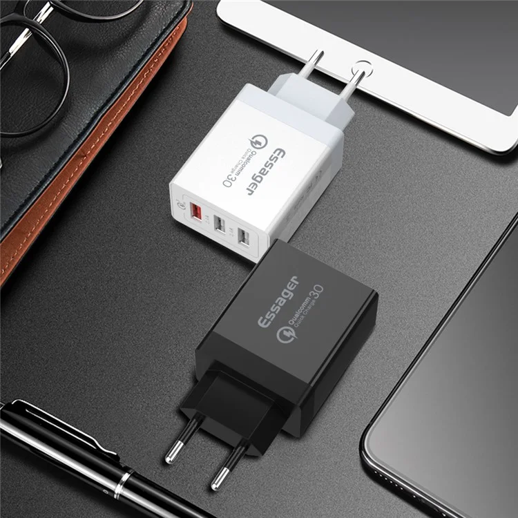 ESSAGER QC3.0 + Dual 2.4A USB 30W Travel Charger Wall Charger - Nero/Spina UE