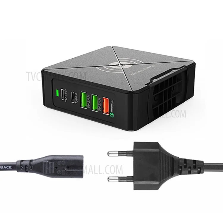 PD-75W Type C+USB A+PD+QC3.0 Fast Charger Wireless Charger for iPhone Samsung Huawei - EU Plug