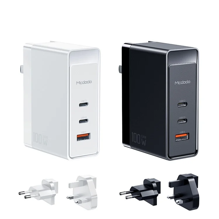 Mcdodo CH-810 Pro 100W Gan Wall Charger Dual-c + USB Tragbares Cn-stecker Mini-reise-ladegerät [mit Eu/uk-plug] - Schwarz