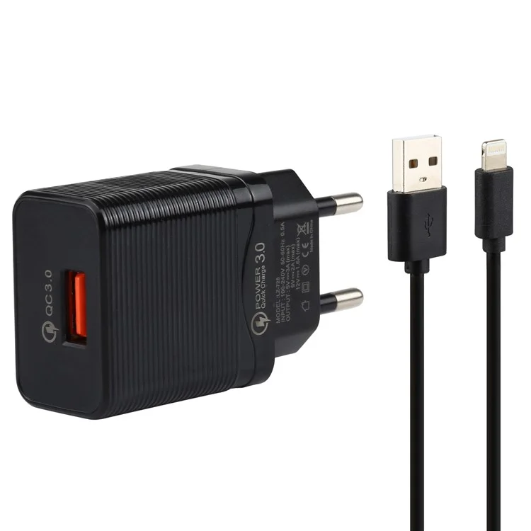 LZ-728 2 in 1 QC 3,0 18W [plug Ue] Caricatore da Viaggio + USB a Lightning a 8 Pin Cavo di Dati, 1 m - Nero