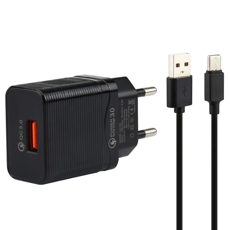 LZ-728 Schnellladegerät 18W [EU-Stecker] Reiseladegerät + USB auf Typ-C-Datenkabel, Länge: 1m - Schwarz