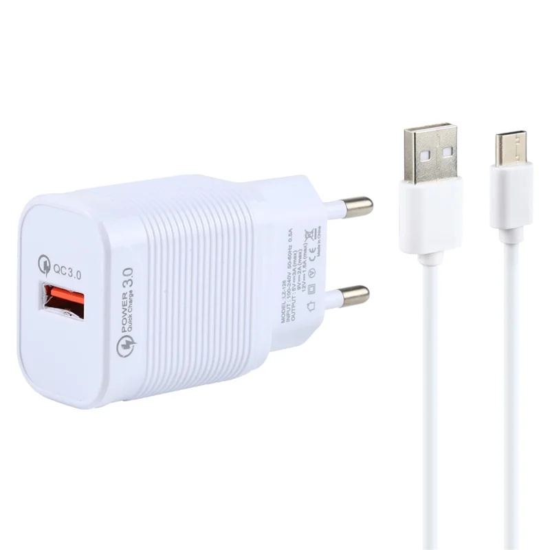 LZ-728 Quick Charger 18W [EU Plug] Travel Charger + USB to Type-C Data Cable, Length: 1m - White