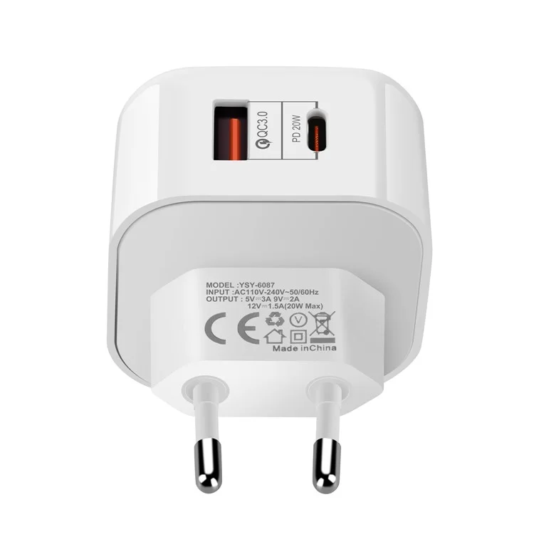 YSY-6087 PD 20W+QC 3.0 Adattatore di Alimentazione da Viaggio a Parete a Doppia Porta - Plug