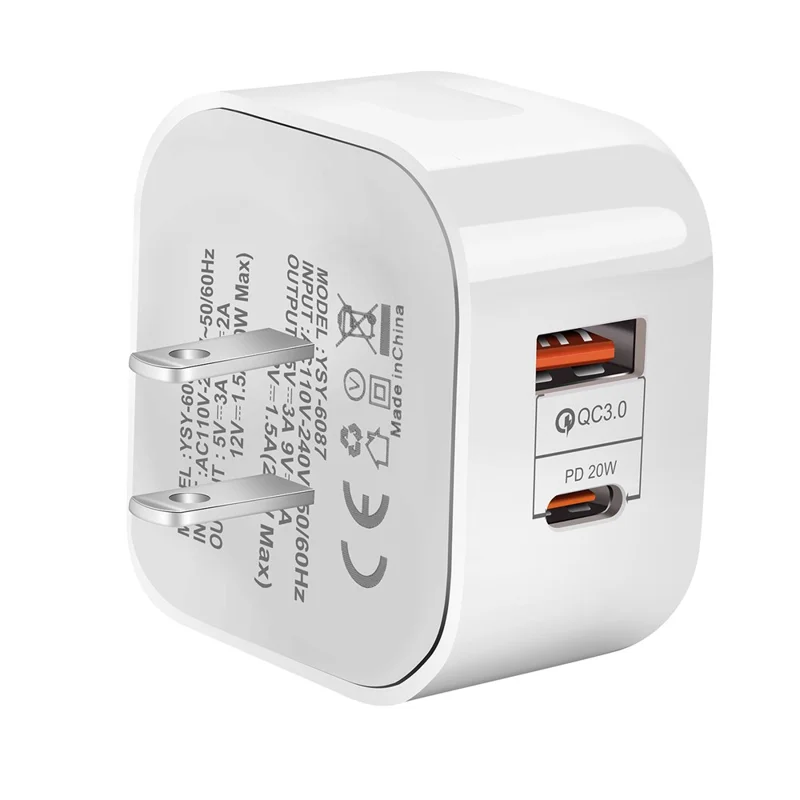 YSY-6087 PD 20W+QC 3.0 Dual Port Wall Charger Travel Power Adapter - US Plug