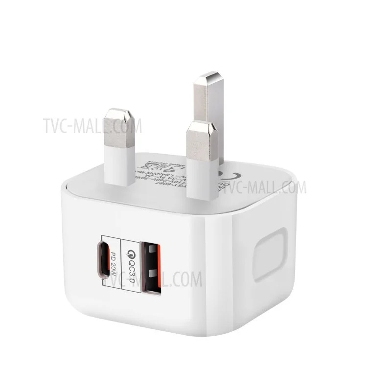 YSY-6087 PD 20w + qc 3.0 Adaptateur D'alimentation de Voyage du Chargeur Mural à Double Port - Bouche Britannique