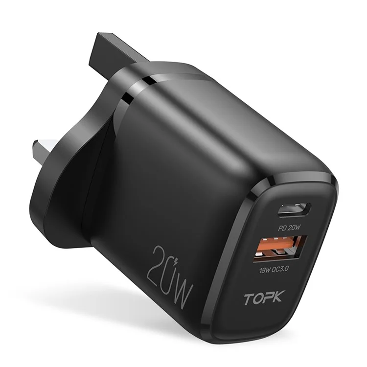 TOPK B210P 20W Schnellladung 3.0 Usb+typ C PD -ladegerät Schnelllades Reisewandladegerät - Schwarz/uk -stecker