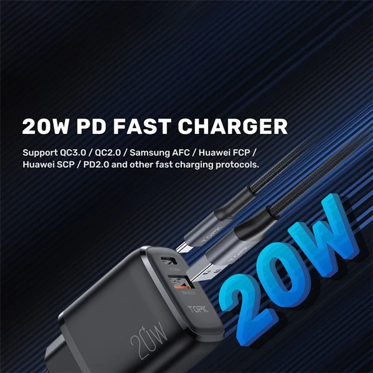 TOPK B210P 20W Quick Charge 3.0 USB+Type C PD Charger Fast Charging Travel Wall Charger - Black/UK Plug