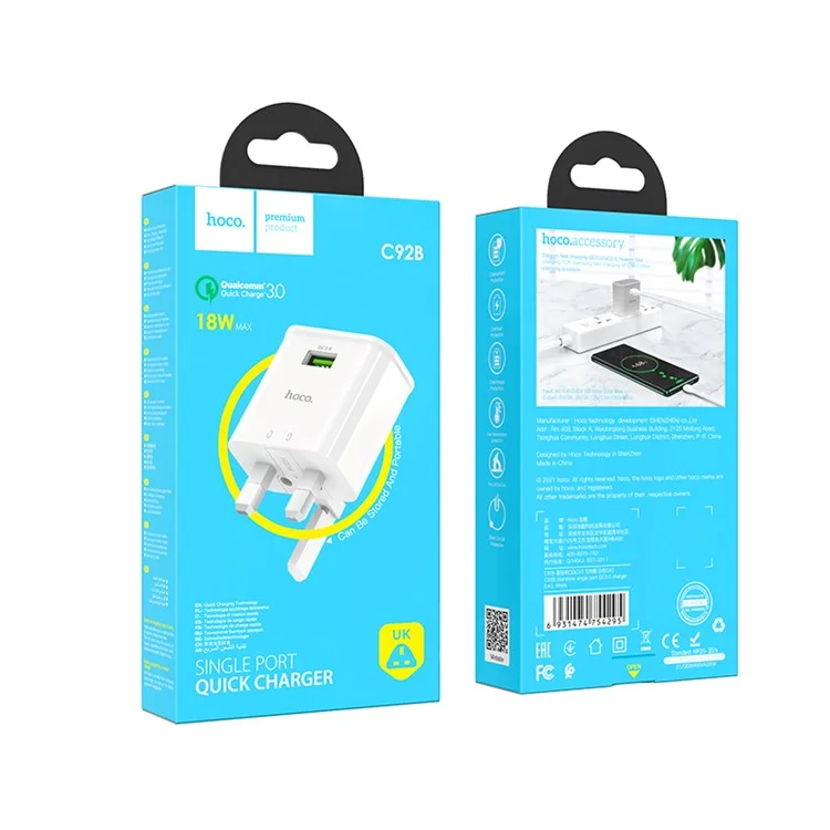 HOCO C92B Puerto Único QC 3.0 Travel Wall Charger UK Plug 18W Adaptador de Energía de Carga Rápida Para la Tableta Del Teléfono