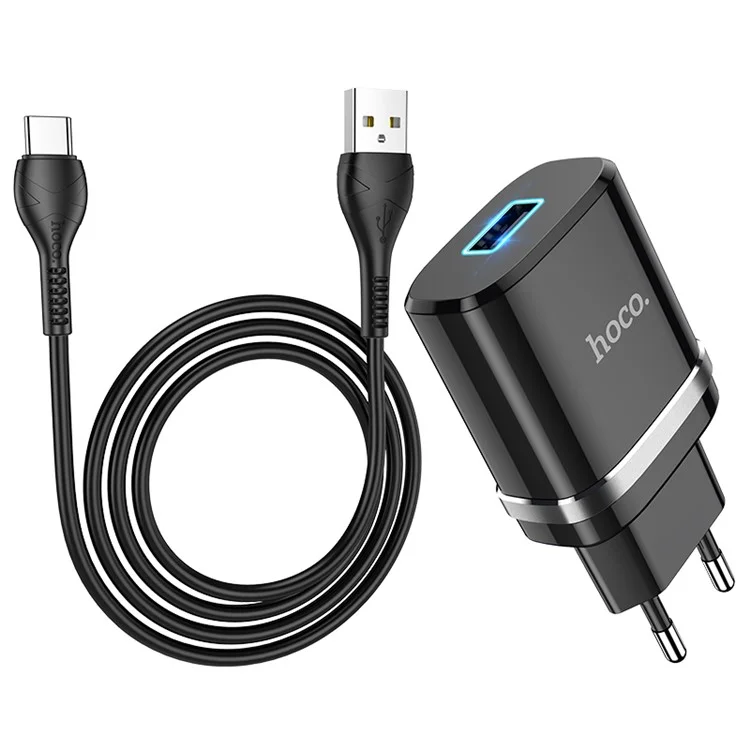 HOCO N1 Ardent Single Port Charger 2.4A USB Power Adapter Type-C Charging Cable Set (EU Plug) - Black