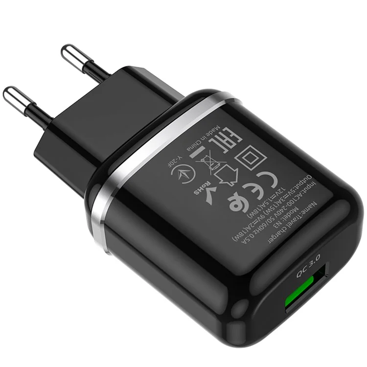 HOCO N3 QC3.0 Quick Charging Wall Travel Charger Single USB Port Charging Adapter EU Plug  - Black