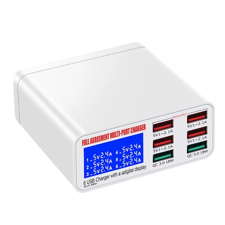 WLX-896 6-Port 40W High Speed Fast Charging Independent Digital Display QC3.0 Wall Charger Travel Charger - US Plug