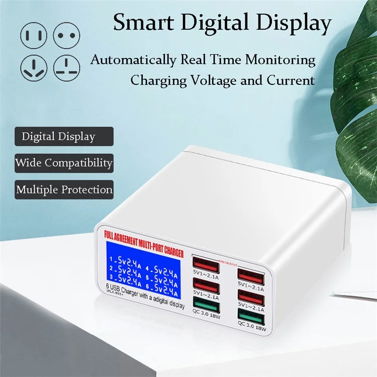 WLX-896 6-Port 40W High Speed Fast Charging Independent Digital Display QC3.0 Wall Charger Travel Charger - US Plug