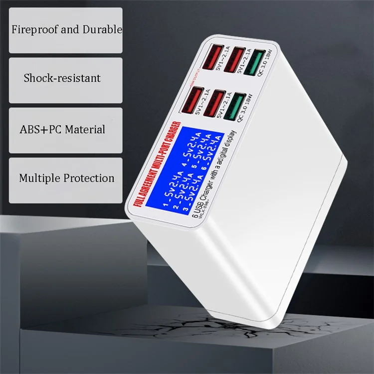 WLX-896 6-Port 40W High Speed Fast Charging Independent Digital Display QC3.0 Wall Charger Travel Charger - US Plug