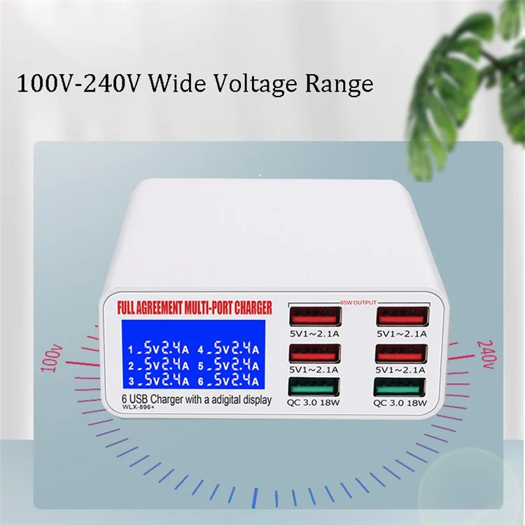 WLX-896 6-Port 40W High Speed Fast Charging Independent Digital Display QC3.0 Wall Charger Travel Charger - US Plug