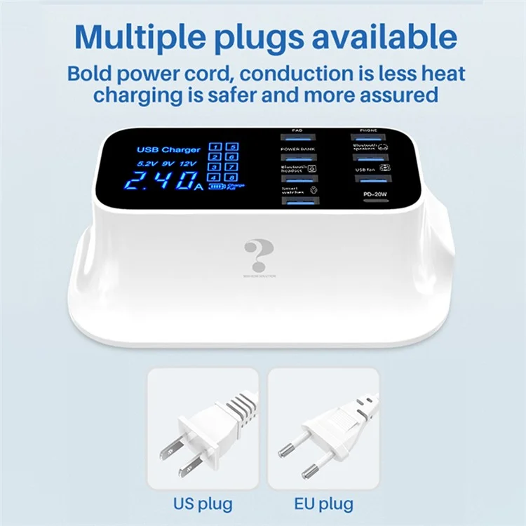 Gane Cómo la Solución YC-CDA19 Tipo C PD 20W Carga de Carga Rápida Carga USB de 8 Puertos Para Iphone 12 11 X XR XS Max [CE Certificado] - Enchufe de la ue