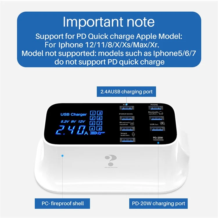 WIN HOW SOLUTION YC-CDA19 Type C PD 20W Fast Charging Hub Station 8-Port USB Charger for iPhone 12 11 X XR XS Max [CE Certificated] - EU Plug