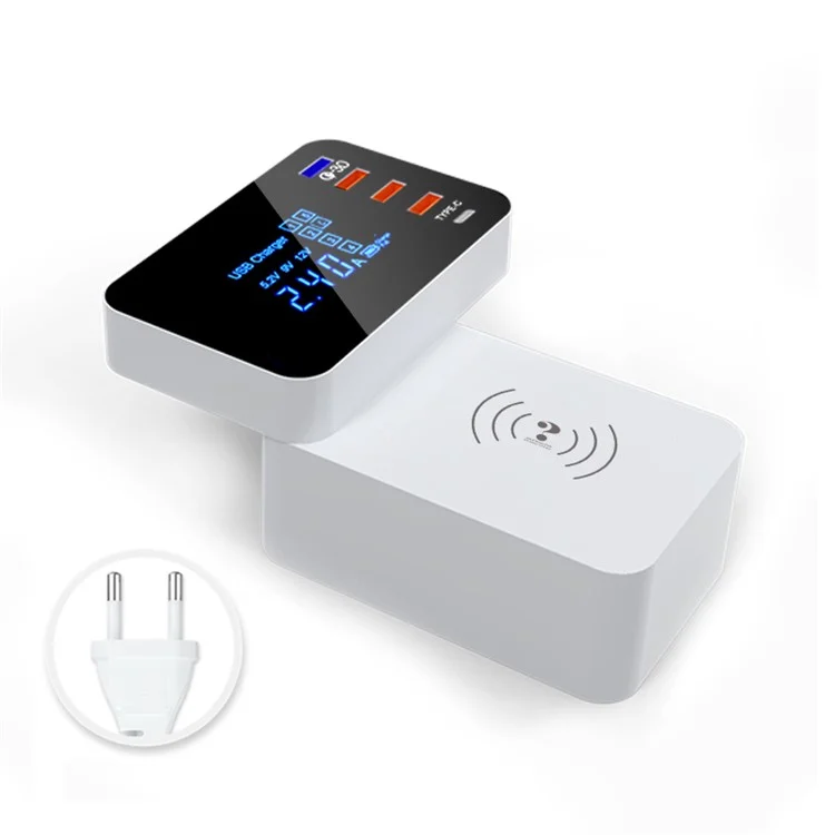 WIN HOW SOLUTION YC-CDA33Q QI Wireless Charger QC 3.0 USB Type-C Mobile Phone Charger Base Hub with LED Display (CE Certificated) - EU Plug