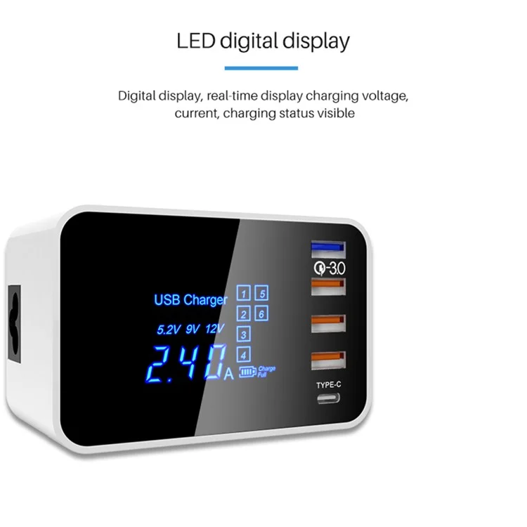 WIN HOW SOLUTION YC-CDA33Q QI Wireless Charger QC 3.0 USB Type-C Mobile Phone Charger Base Hub with LED Display (CE Certificated) - EU Plug