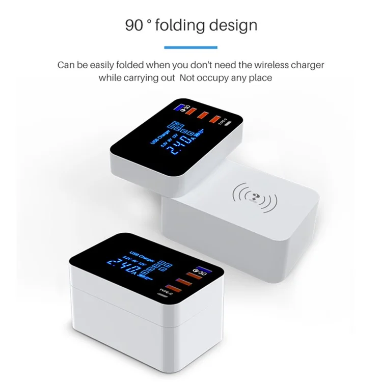 WIN HOW SOLUTION YC-CDA33Q QI Wireless Charger QC 3.0 USB Type-C Mobile Phone Charger Base Hub with LED Display (CE Certificated) - EU Plug