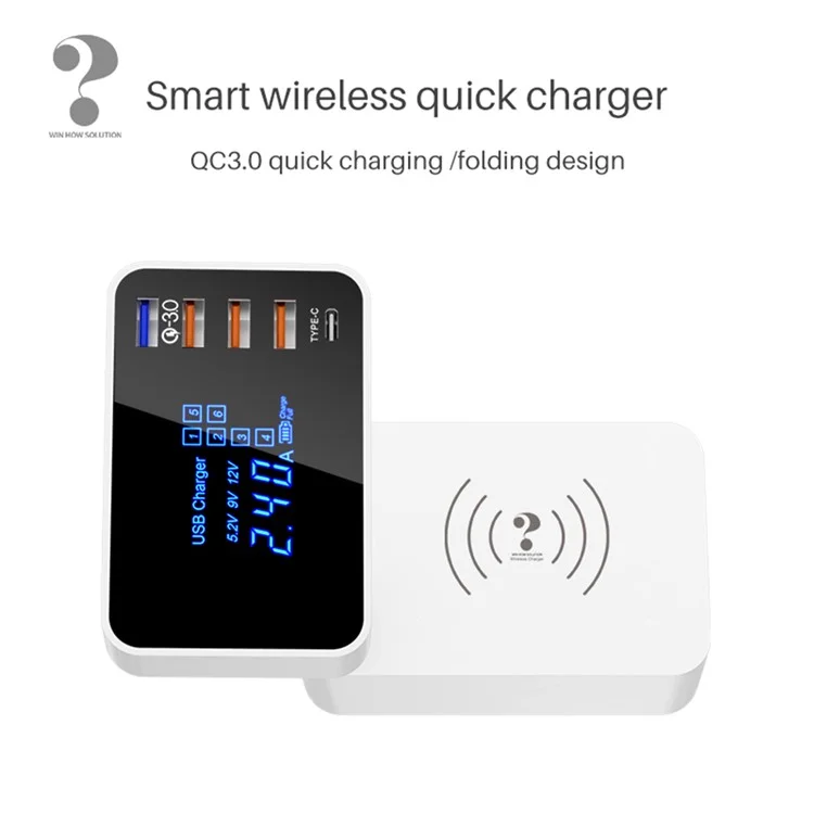 WIN HOW SOLUTION YC-CDA33Q QI Wireless Charger QC 3.0 USB Type-C Mobile Phone Charger Base Hub with LED Display (CE Certificated) - EU Plug