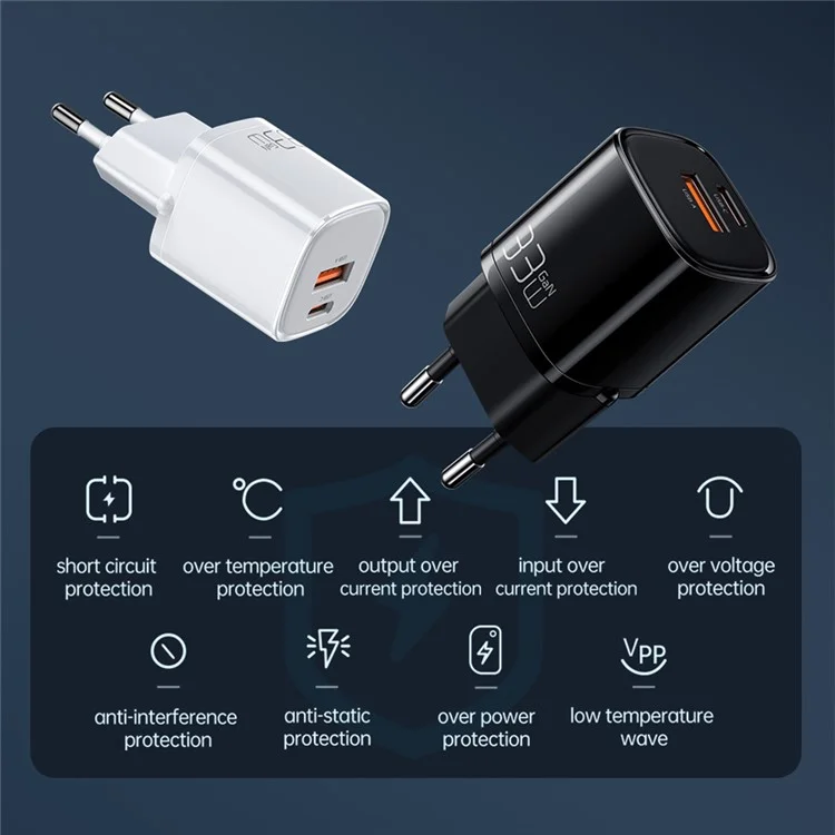 Mcdodo CH-0150 MDD Nano-serie Eu-plug PD33W USB A+C Dual-ports Schnellladestraft-adapter-wandladegerät - Schwarz