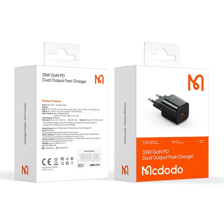 Mcdodo CH-0150 MDD Nano Série EU Plug PD33W USB A+C Portas Dulo - Preto